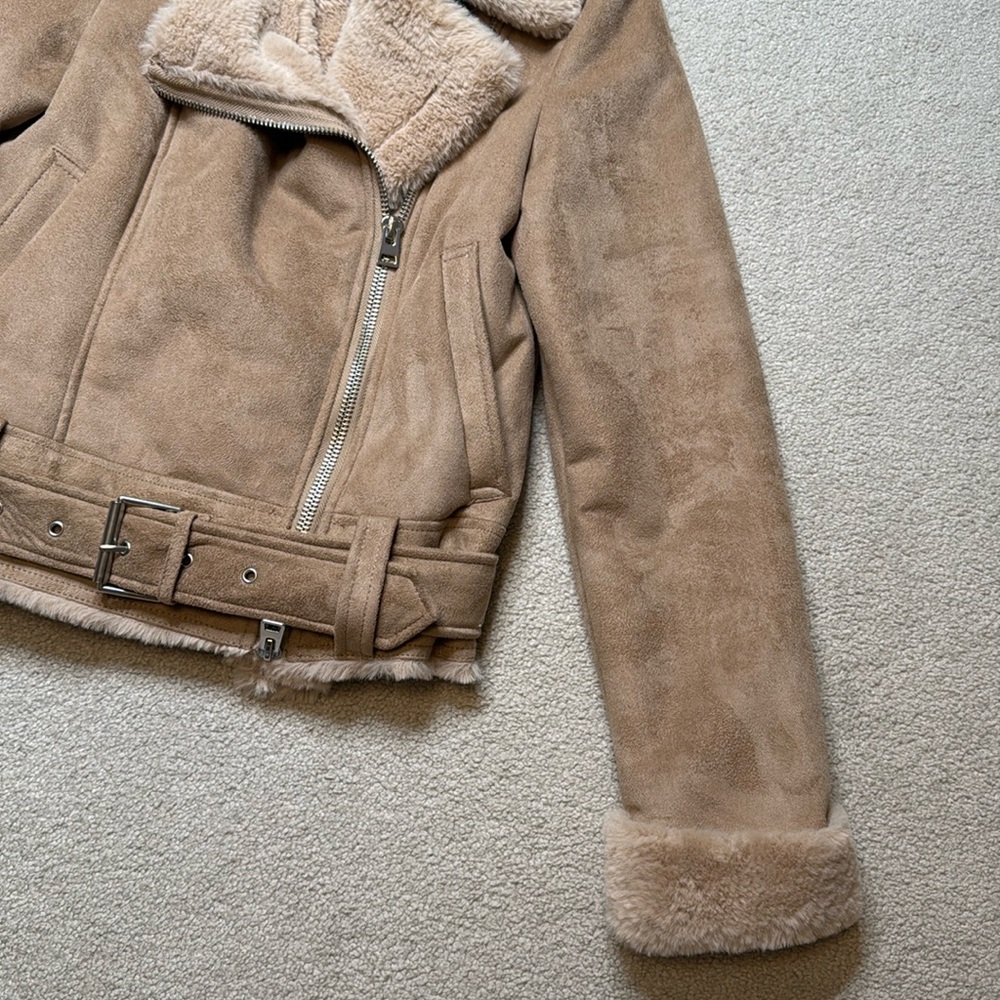 Topshop Camel Suedette Faux Fur Moto Biker Jacket with Belt - US 4 - Picture 2 of 10